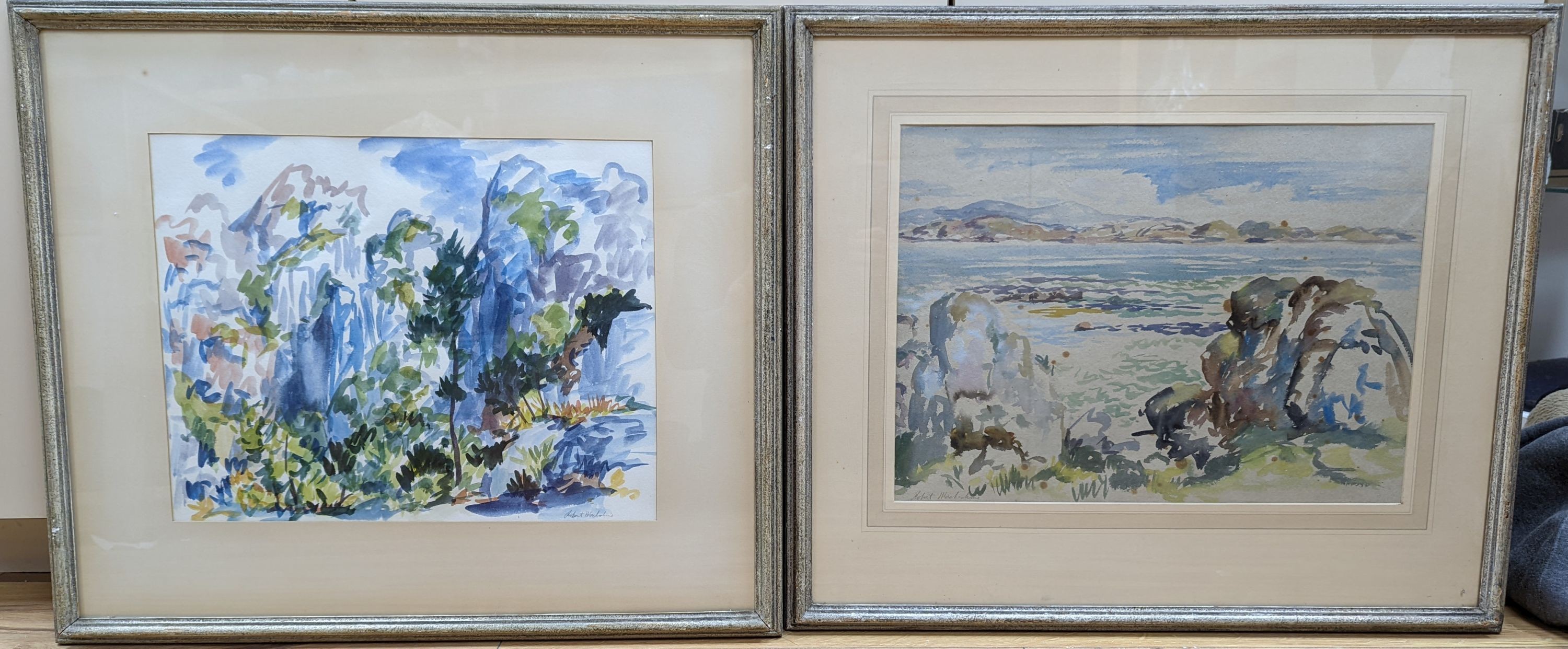 Robert Mackechnie, R.B.A. (1894-1975), two watercolours, 'In the Mountains' and 'Shore scene, Iona', signed with labels verso, 33 x 45cm